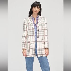 Argent Women Cream Red Plaid Wool Blend Longline Blazer Jacket Size 8